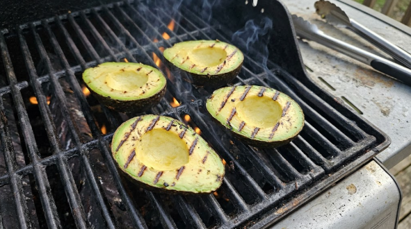 Four avocado halves on a hot grill grate showing dark char marks