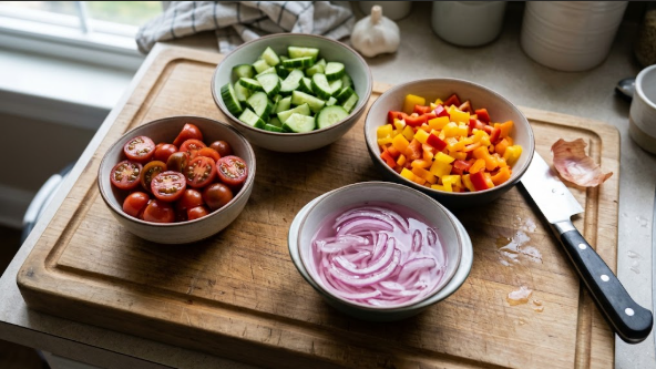 Prepped cherry tomatoes, cucumber, bell pepper, and soaked red onion in separate bowls on a cutting board