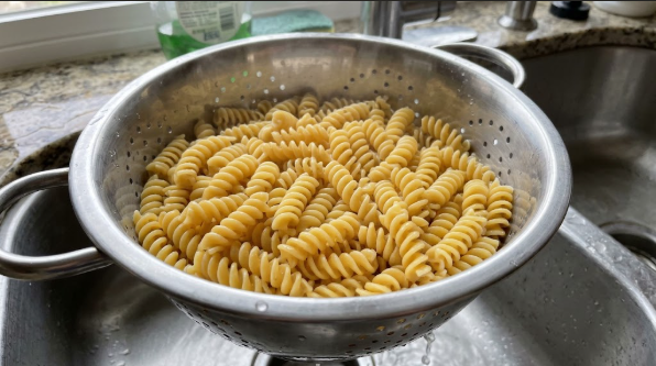 Rotini in a colander after the cold rinse, shiny and separated