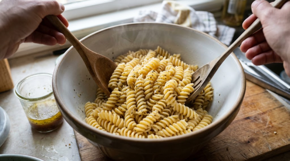 Warm pasta being tossed with the first third of the vinaigrette in a large bowl