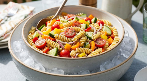 Finished pasta salad in a serving bowl nested in a larger bowl of ice, with a serving spoon