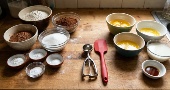 Dry and wet ingredients measured out in separate bowls next to a ¼-cup scoop and a wide spatula