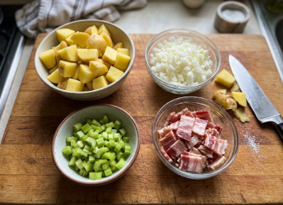 Cubed Yukon Gold potatoes, diced onion, celery, and chopped bacon in prep bowls on a cutting board