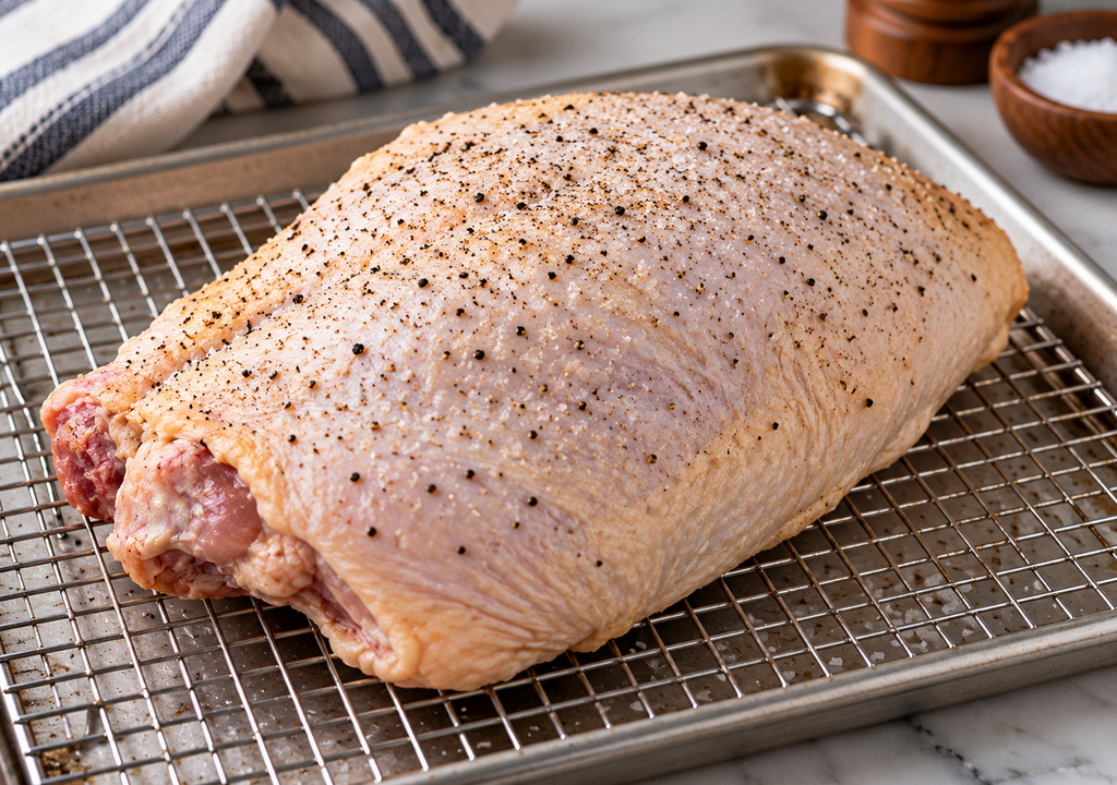 A dry-brined bone-in turkey breast on a wire rack, uncovered, after a night in the refrigerator.