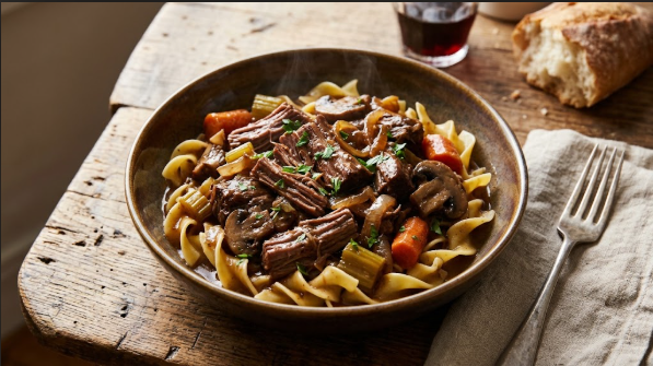 Slow cooker loaded with seared chuck roast, mushrooms, and onions before cooking
