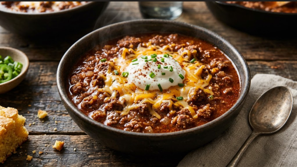 Finished no-bean beef chili topped with cheddar and sour cream in a bowl