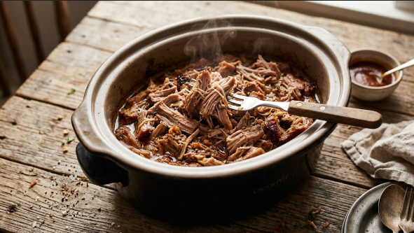 Shredded pork shoulder piled in the slow cooker with a fork