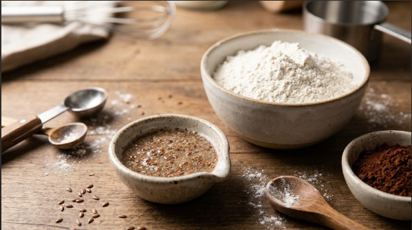 Flax egg resting in a small bowl next to measured flour and cocoa