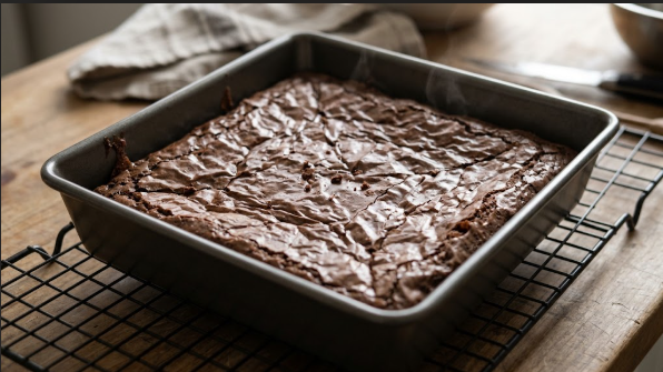 Pan of fudgy brownies with a crackly top, cooling on a rack