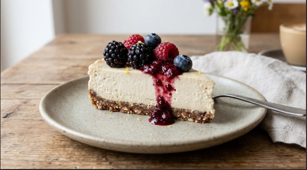 Slice of cashew cheesecake topped with fresh berries on a plate