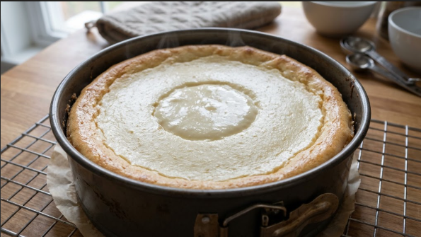 Cheesecake in a springform pan after baking, showing the set edges and a slightly wobbly center