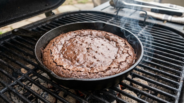 Cast iron skillet brownie on the grill grate with a thin ribbon of smoke
