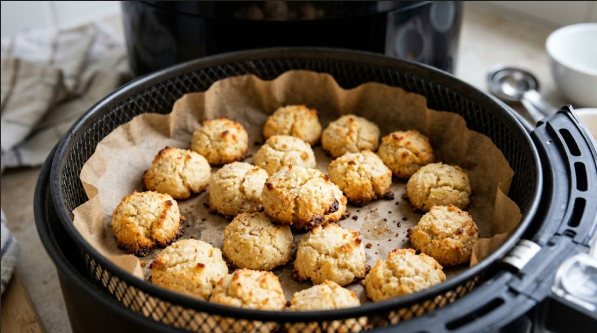 Almond flour cookie bites in an air fryer basket, golden at the edges