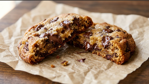 Side-by-side of one cookie broken in half, showing the soft, slightly gooey center