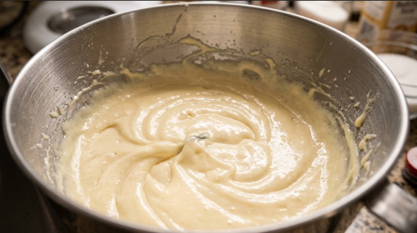 The glossy butter, sugar, and egg mixture after whisking