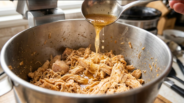 Shredded chicken in a stand mixer bowl, with a few spoonfuls of cooking liquid being added