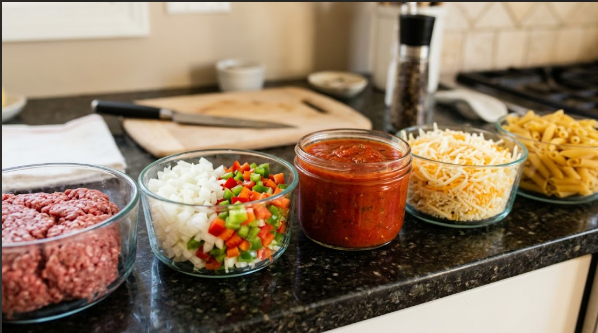  Prepped ingredients lined up on the counter: beef, diced onion and pepper, marinara, shredded cheeses, and dry pasta