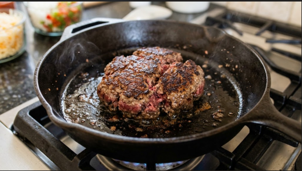 Beef browning in a cast iron skillet with a dark crust forming, before it is broken up