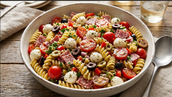 finished bowl of Italian pasta salad showing rotini, salami, mozzarella pearls, tomatoes, and olives