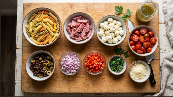 prepped ingredients lined up in small bowls on a cutting board