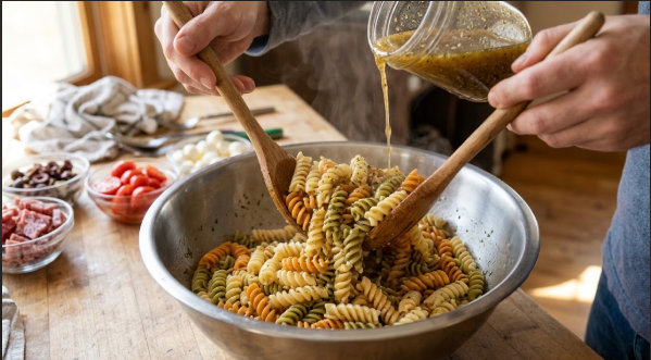 tossing the warm rinsed pasta with the first round of dressing