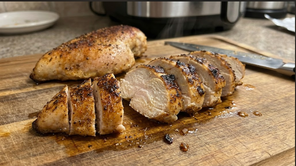  Sliced air fryer chicken breast showing a juicy white center and golden seasoned crust