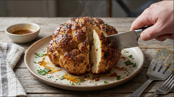 Whole smoked cauliflower on a platter, browned and glazed, with a knife cutting into it