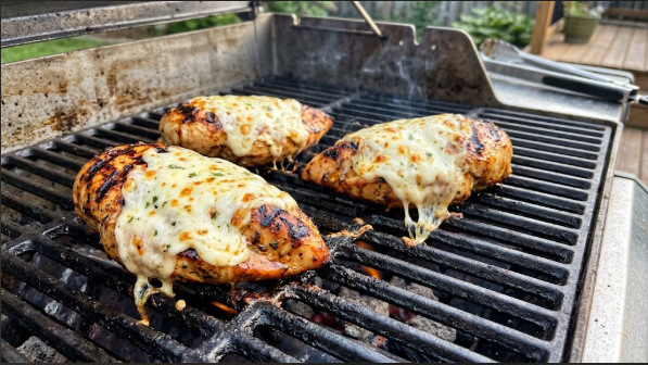  Grilled chicken breasts with visible char marks and melted mozzarella on the grate