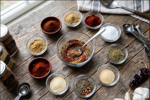 All ingredients and the mixed taco seasoning laid out on a table before cooking