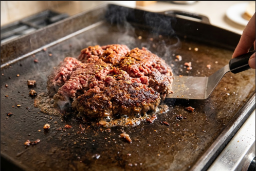 Ground beef pile developing a dark brown crust on the griddle before the first flip