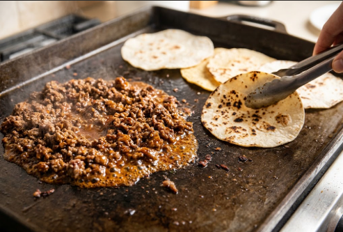 Finished taco meat glossy with sauce, pushed to one side next to charred tortillas