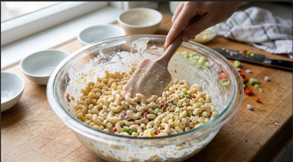 Cooled macaroni being folded into dressing in a large glass bowl, with the spatula mid-fold