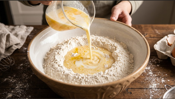 Dry ingredients in a large bowl with a well in the center and wet ingredients being poured in