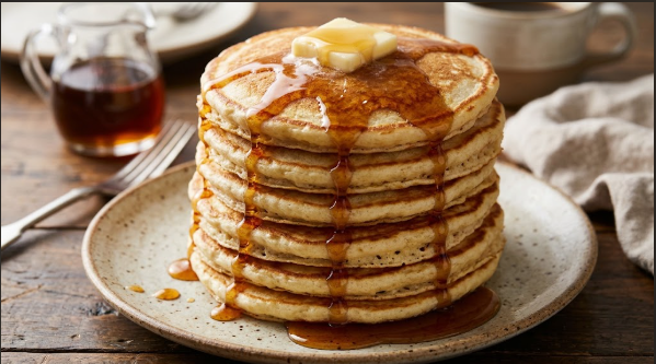 A tall stack of fluffy pancakes with a pat of butter melting on top and syrup running down the side