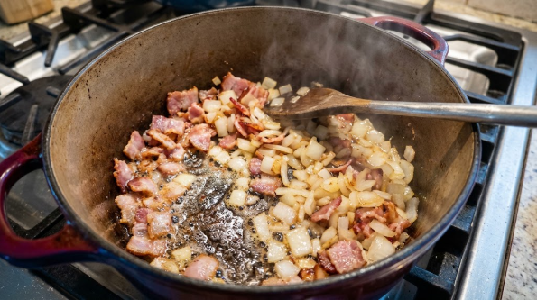 Dutch oven with bacon rendering and diced onions softening in the drippings