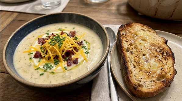 Finished bowl of creamy potato soup topped with cheddar, bacon, and chives next to a slice of toasted bread