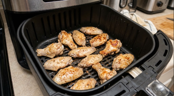 Wings in the air fryer basket in a single layer, halfway through cooking after the flip