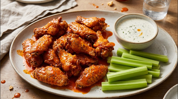 Finished wings tossed in buffalo sauce on a platter with celery sticks and a ranch dip