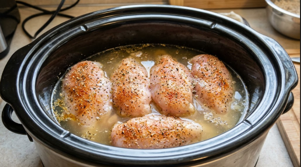 Raw, seasoned chicken breasts arranged in a single layer in the slow cooker with broth