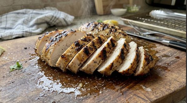 Sliced grilled chicken breast fanned on a board showing juicy interior