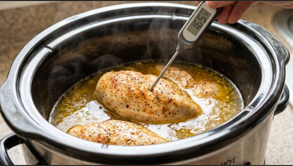 Instant-read thermometer in the thickest part of a cooked crockpot chicken breast, reading 165°F