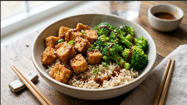Crispy air fryer tofu cubes over rice with steamed broccoli and a drizzle of sauce