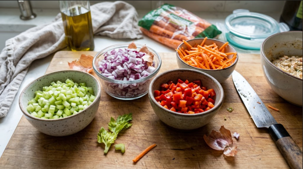 Diced celery, red onion, red bell pepper, and shredded carrot in small bowls, ready to mix