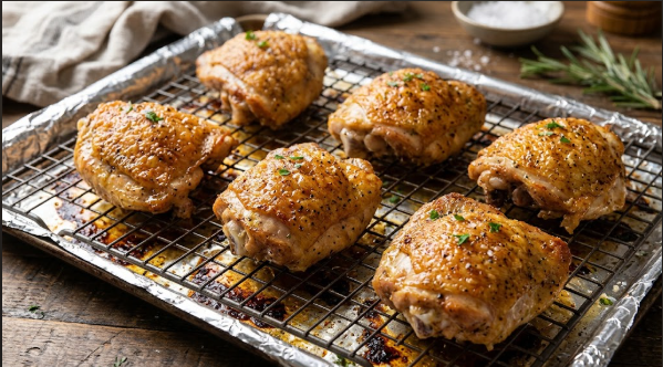  Bone-in, skin-on thighs patted dry and arranged on a wire rack, ready for seasoning