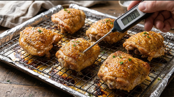 Instant-read thermometer inserted into the thickest part of a finished thigh, reading above 175°F