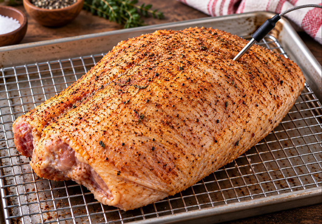 A finished turkey breast with an instant-read thermometer in the thickest part showing 165°F
