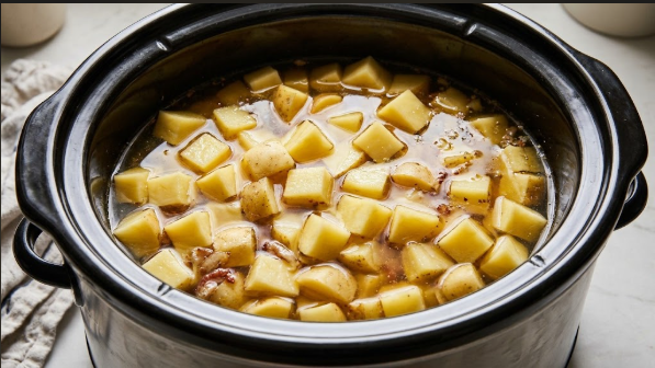  Potatoes and broth in the slow cooker before cooking, covered with about an inch of liquid