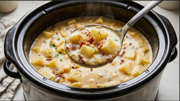 A spoon lifted from the pot showing thick, creamy soup with potato chunks and bacon