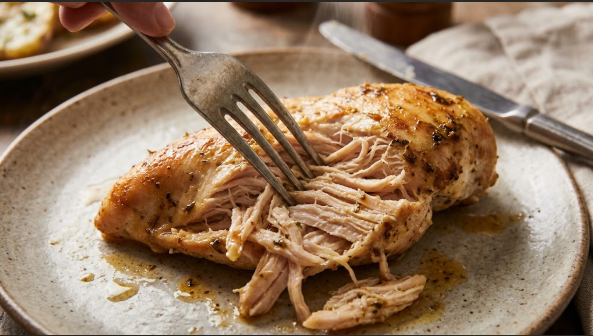 Fork pressing into a cooked chicken breast, meat pulling apart easily