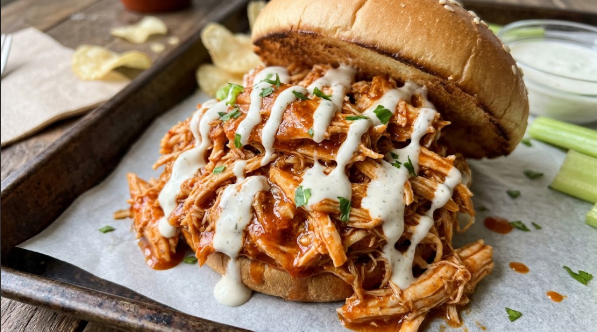 Finished shredded buffalo chicken piled on a toasted bun with ranch drizzle